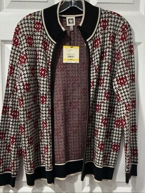 Anne Klein Black, Cream & Red Houndstooth Zip-Up Sweater